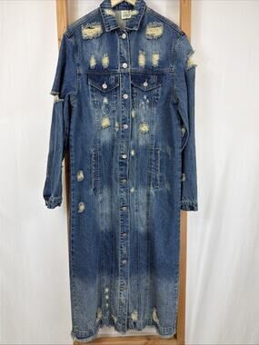 NWT Jade Gypsy Blue Distressed Denim Long Duster Jacket #1391 Size S M